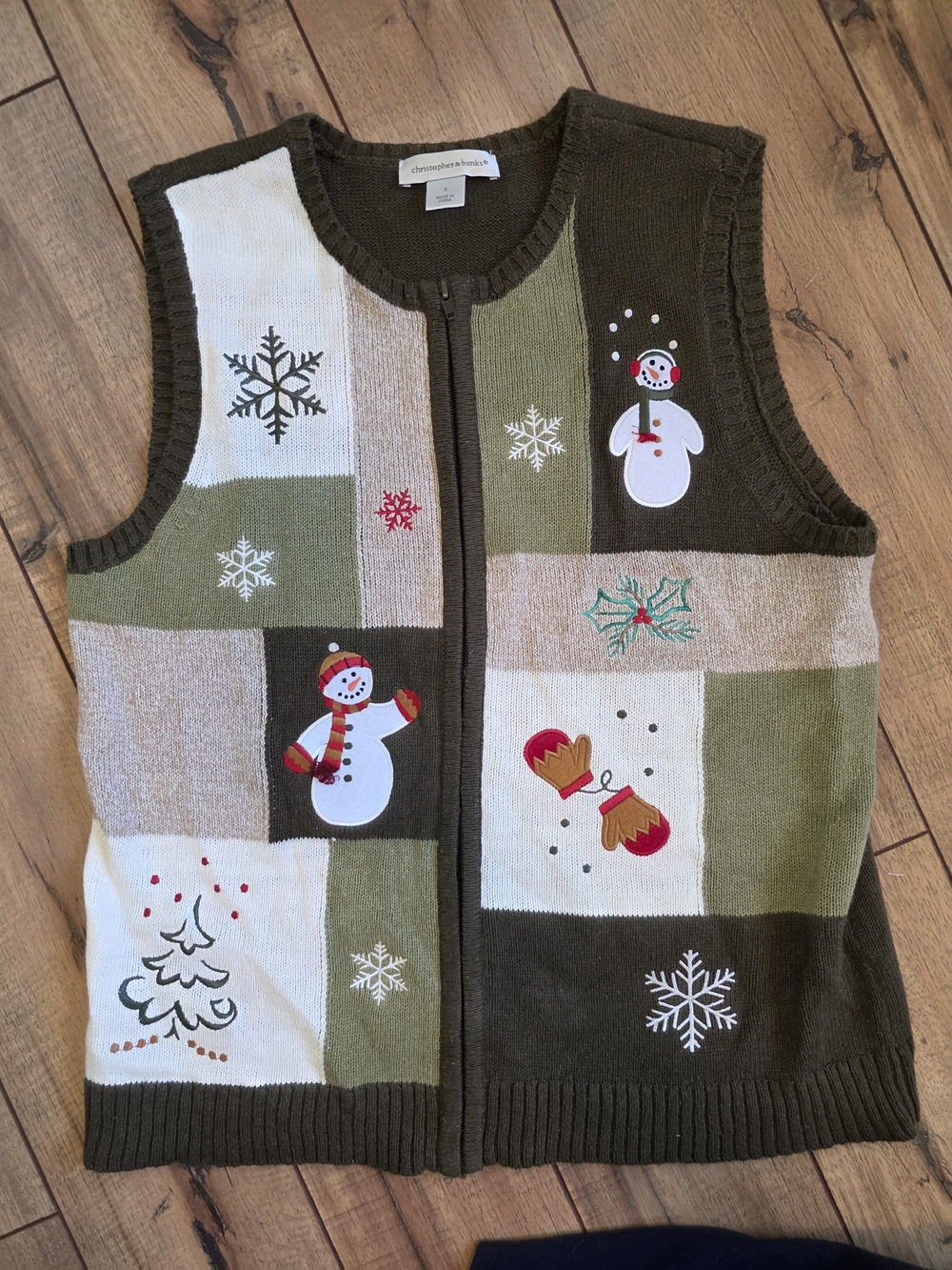 Christopher & Banks Green Patchwork Snowman Christmas Holiday Sweater Vest Small